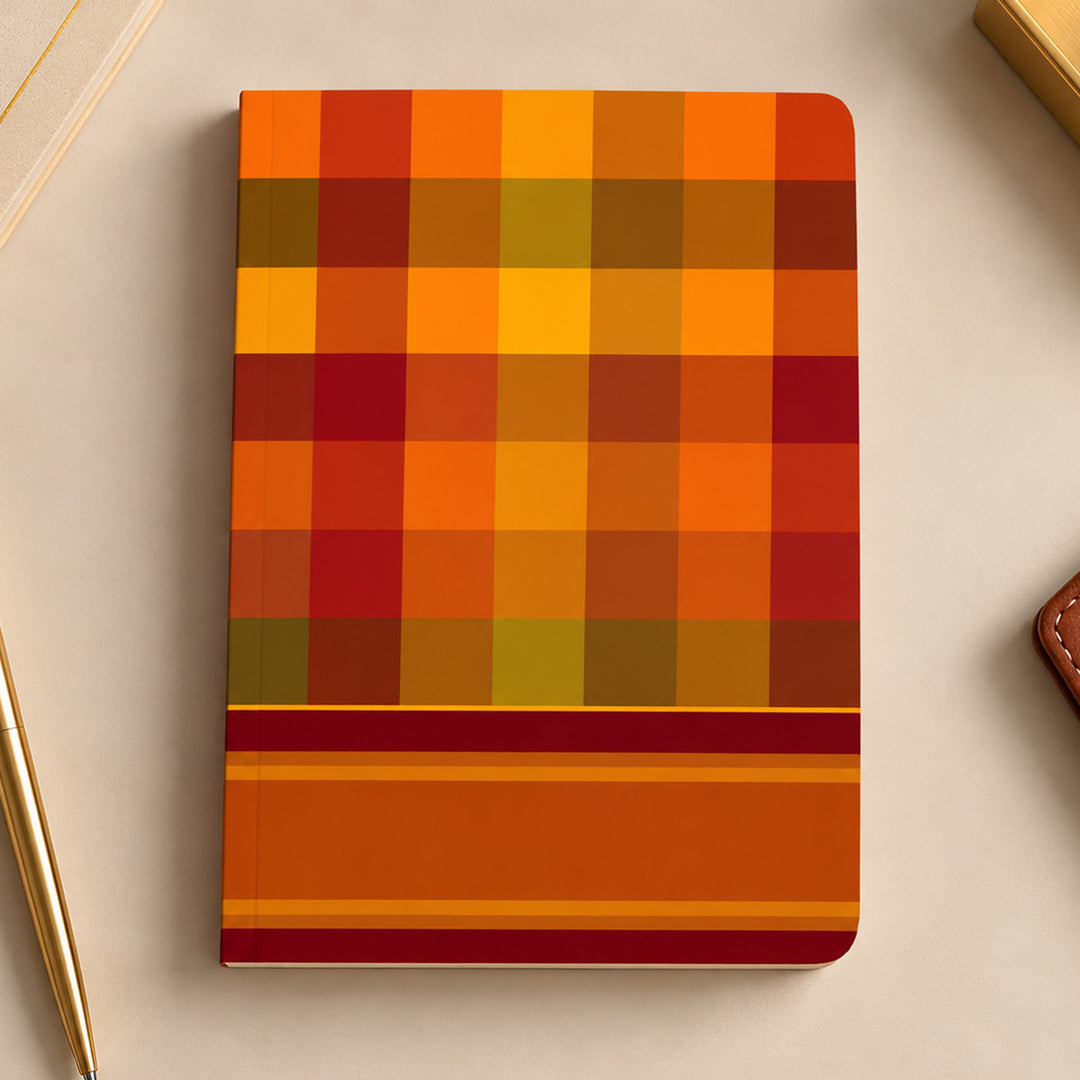 Orange-Red Checkered A5 Journal With Kanchipuram Weaves Heritage Cover For Festive Gifting