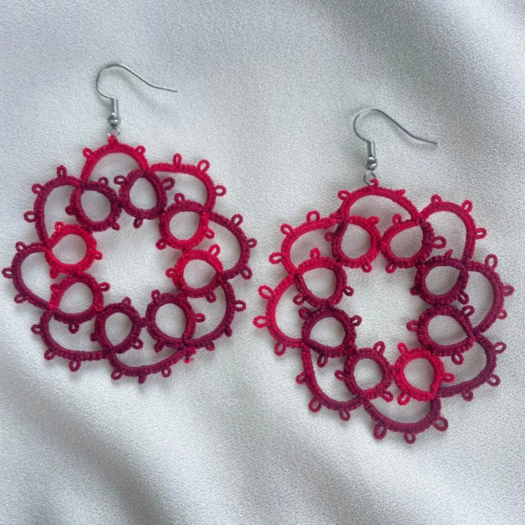 Handmade Tatting Burgundy Two-Tone Floral Cotton Lace Earrings