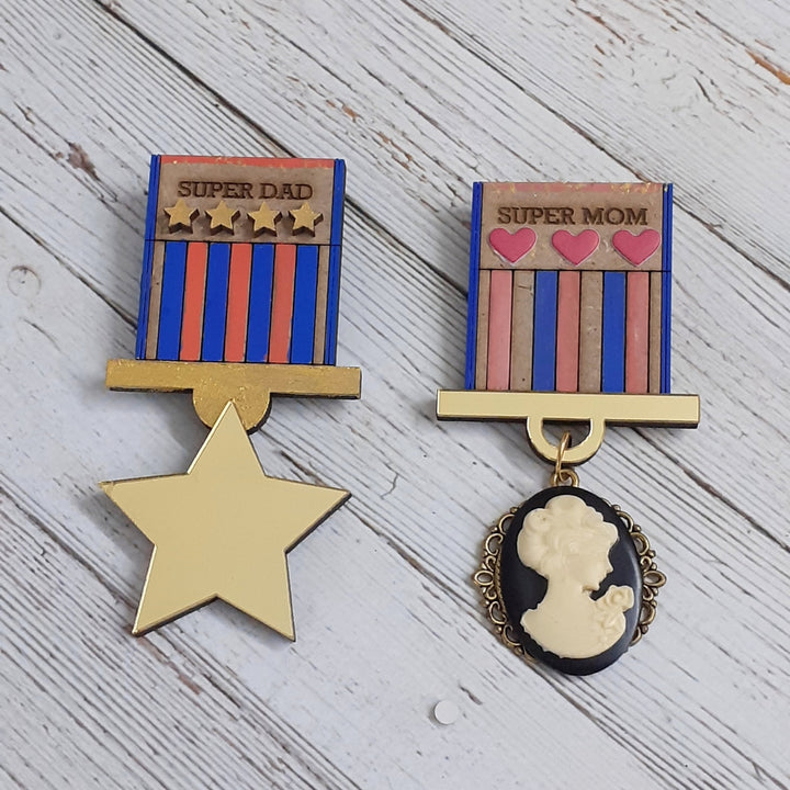 Hand-Painted Super Mom And Dad Wooden Badge