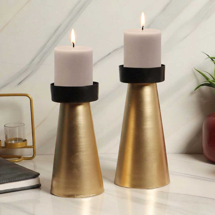 Set of 2 | Handmade Gold & Black Cone Metal Tealight Holders For Festive Decor