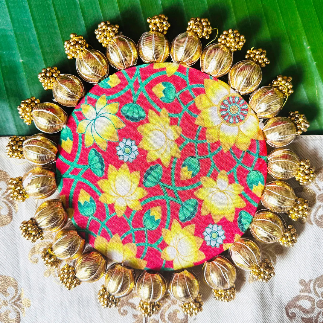 8 Inch | Handmade Gota Patti Round Yellow Lotus Rangoli Mat