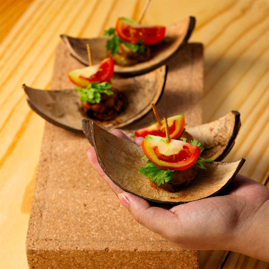 Eco-Friendly Handmade Boat Shaped Coconut Shell Platter | Set Of 10