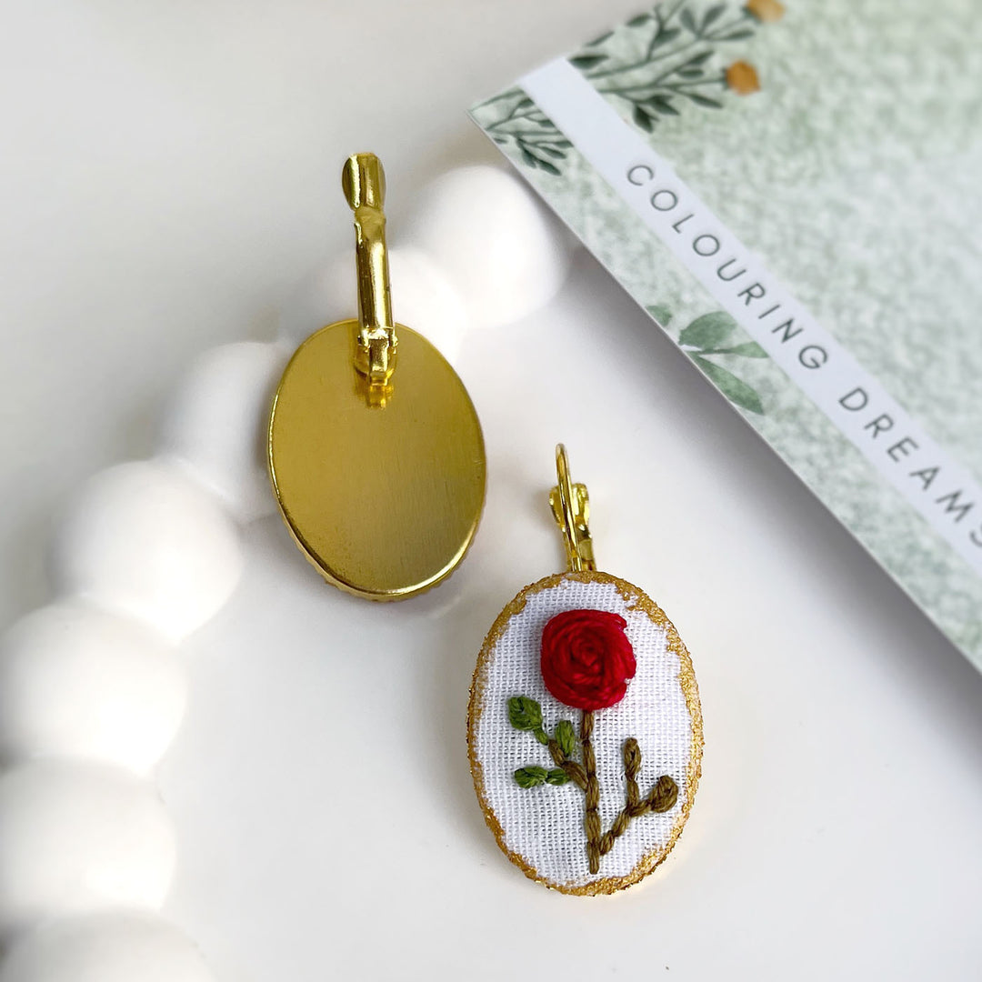 Hand Embroidered Rosette Blooms Golden Tone Earrings