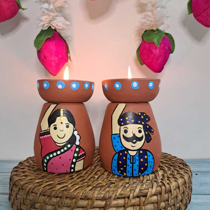 Hand-Painted Villager Theme Terracotta Tealight Holder | Set Of 2