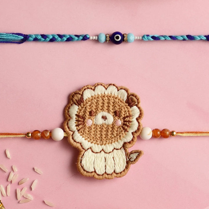 Handmade Lion & Evil Eye Kids Rakhi With Roli Chawal | Set Of 2