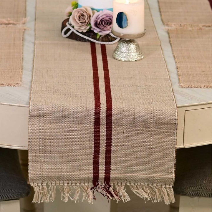 Hand Woven Double Maroon Stripped Madhurkati Table Runner