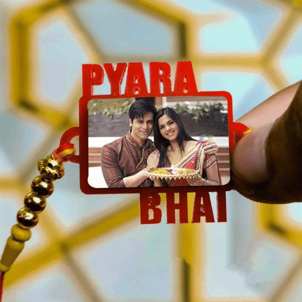 Photo Personalized Handmade Pyari Bhai Theme Rakhi For Brother - Handheld Front View