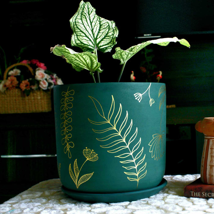 Hand-Painted Green Golden Feather Terracotta Planter Pot