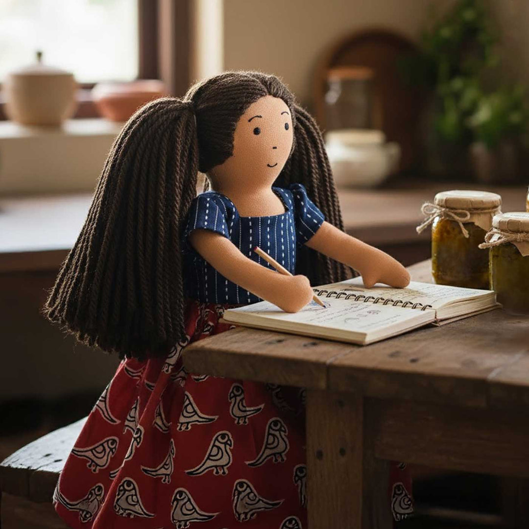 Nilah's (Younger Sister) Mira In Blue & Red Dress | Soft Hand-Stitched Sustainable Indian Play Doll