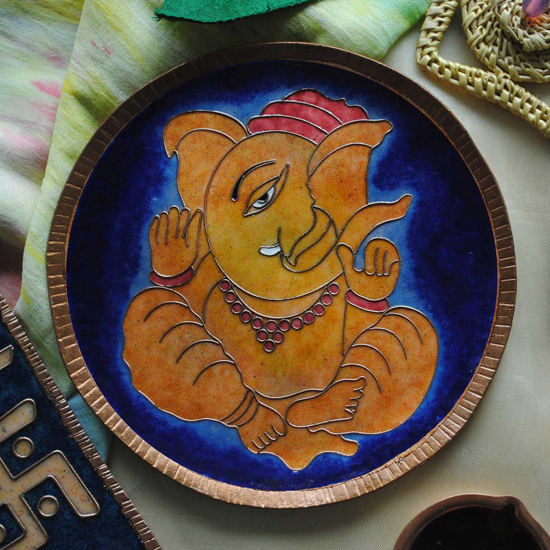 Handmade Ganesha Ekdanta Theme Copper Wall Plate