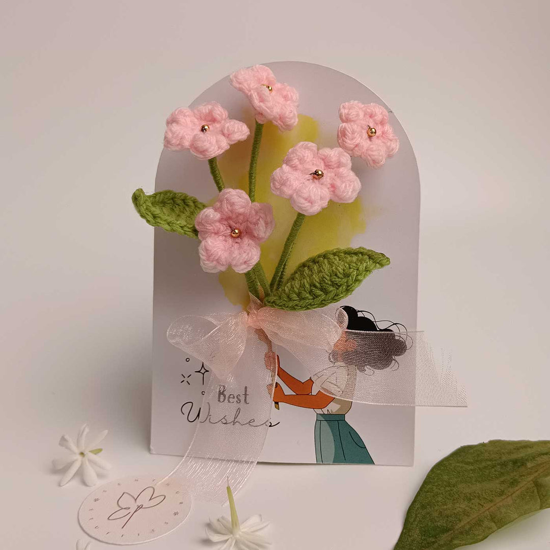 Handmade Crochet 3D Light Pink Floral Greeting Card