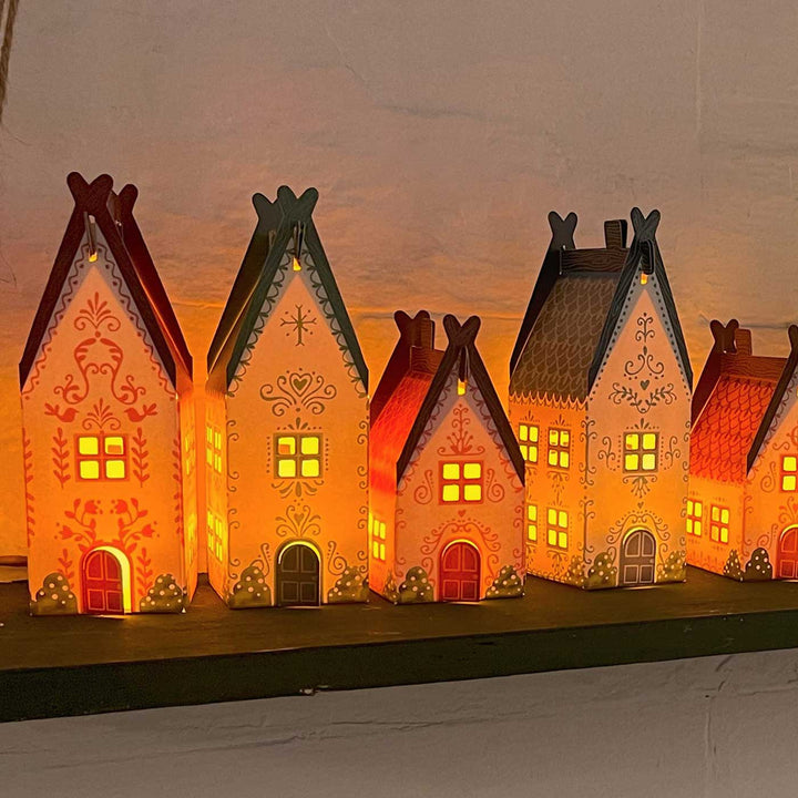 Handmade Mini Christmas Village Design Paper Tealight Holder With Electric Tealight | Set Of 6