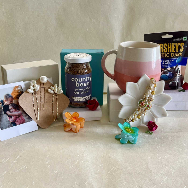 Photo Personalized Handmade Threads And Treasures Rakhi Hamper | Includes 1 Mug, 2 Clips, 5 Photos, 3 Hair Pin, 1 Marble Lotus, 1 Chocolate, 1 Coffee & 1 Set Rakhi