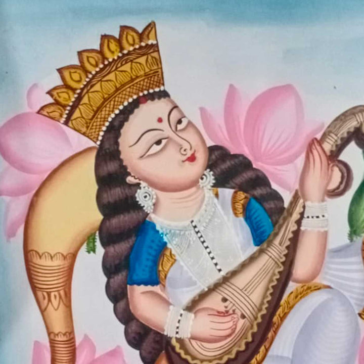 14 x 22 Inch | Veena Vahini | Original Hand Painted Kalighat Painting | Natural Colors On Paper