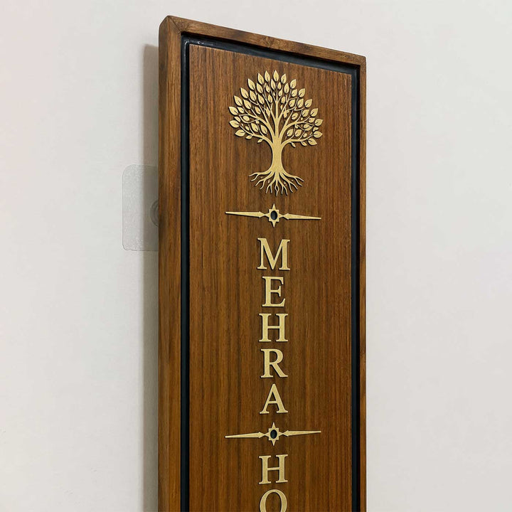 Minimal Linear Design Vertical Slim Personalized Handcrafted Teak Wood Name Plate With Inlaid Brass Lettering & Resin Border For Home