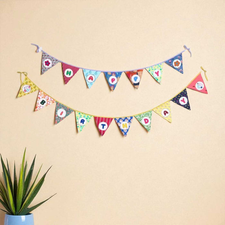 Handmade Multicolored Triangular "Happy Birthday" Upcycled Fabric Bunting