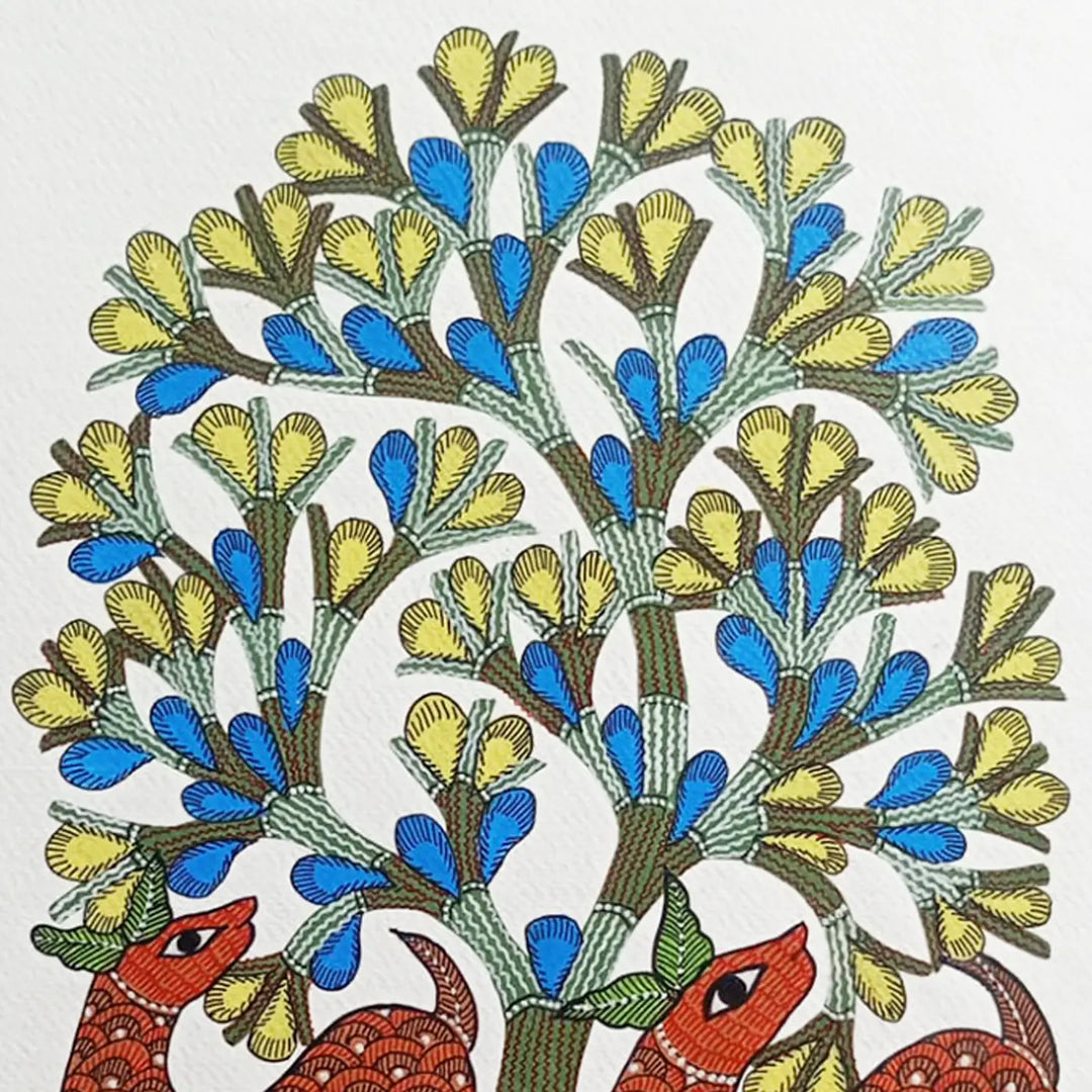 11 x 16 Inch | Two Deer Under Tree | Original Hand Painted Tribal Gond Art Painting | Acrylic Paint On Paper