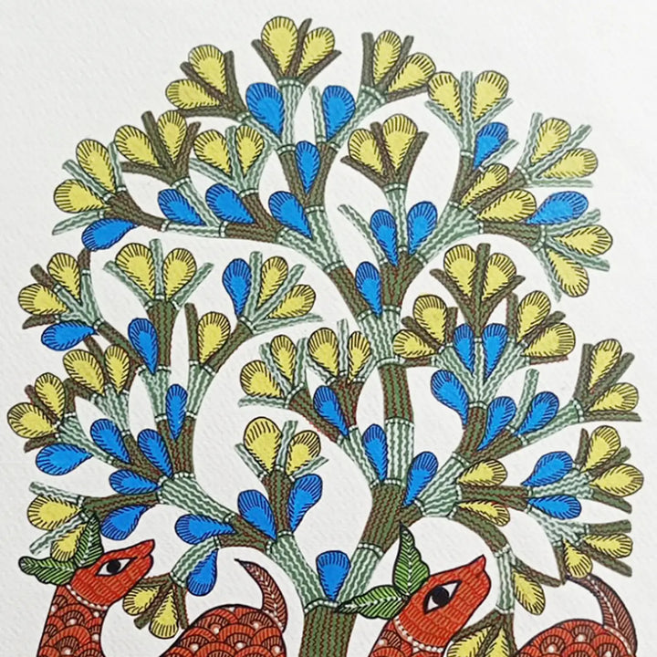 11 x 16 Inch | Two Deer Under Tree | Original Hand Painted Tribal Gond Art Painting | Acrylic Paint On Paper