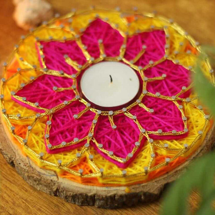 Handmade String Art Pink And Yellow Flower Design Mdf Wood Tealight Holder