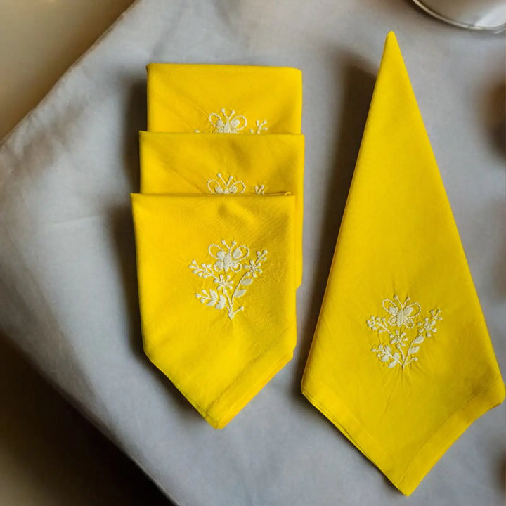 Hand Embroidered Butterfly Theme Chikankari Cotton Napkin | Set Of 4
