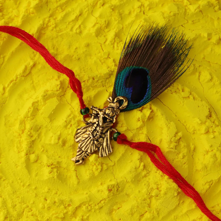 Handmade Krishna & Peacock Feather Rakhi With Roli Chawal