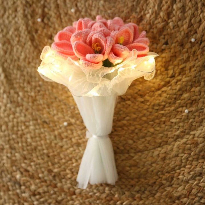 Handmade Crochet Acrylic Yarn Flower Bouquet With Fairy Light Wrap