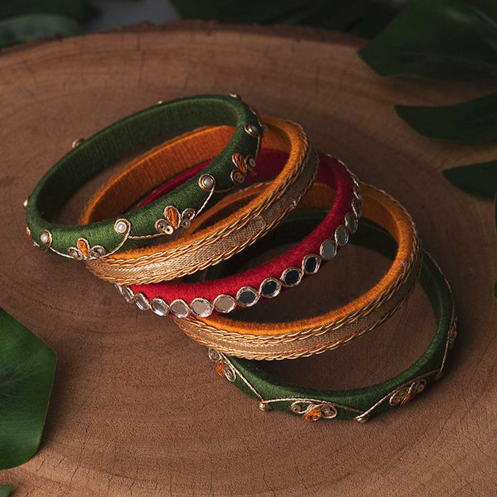 Green & Red Handcrafted Gotta Patti & Mirror Work Bangles | Set of 5