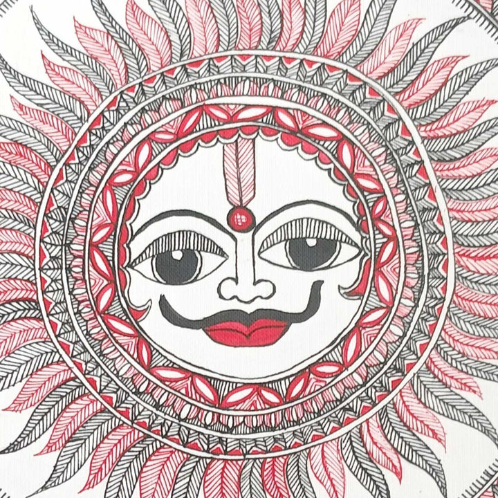 11 x 8 Inch | The Radiant Guardian Sun | Original Hand Painted Madhubani Painting | Nib Ink On Paper