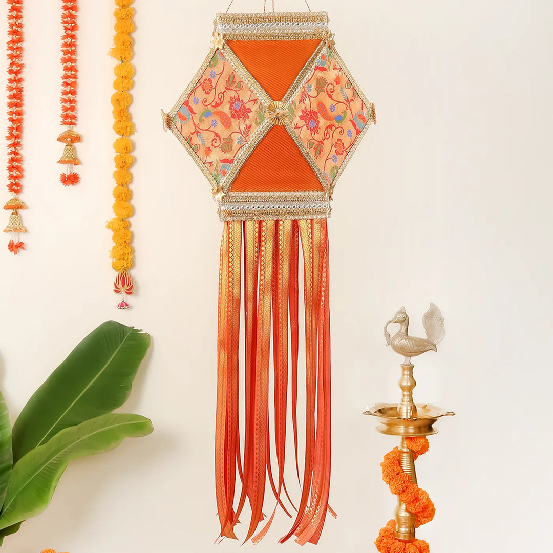 Paithani Handmade Decorative Orange Akash Kandil/Lantern