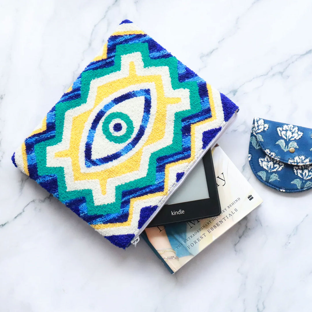 Hand Embroidered Evil Eye Cotton Tablet Sleeve | 8 x 6 Inch
