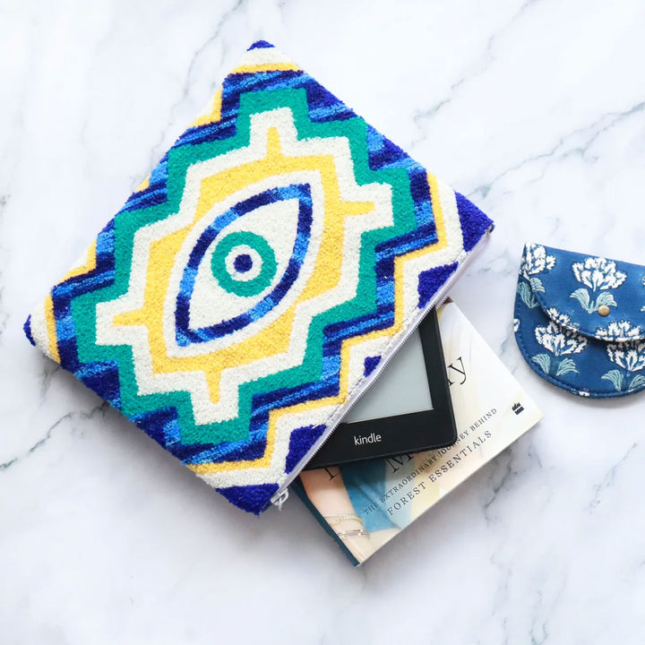 Hand Embroidered Evil Eye Cotton Tablet Sleeve | 8 x 6 Inch