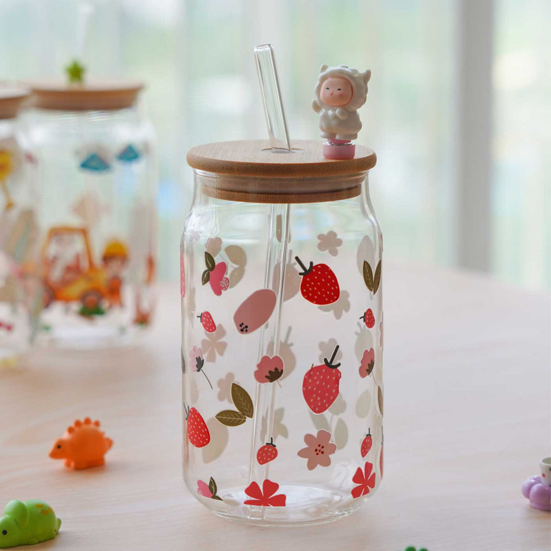 Cute Printed "Strawberry" Theme Glass Tumbler With Straw For Kids