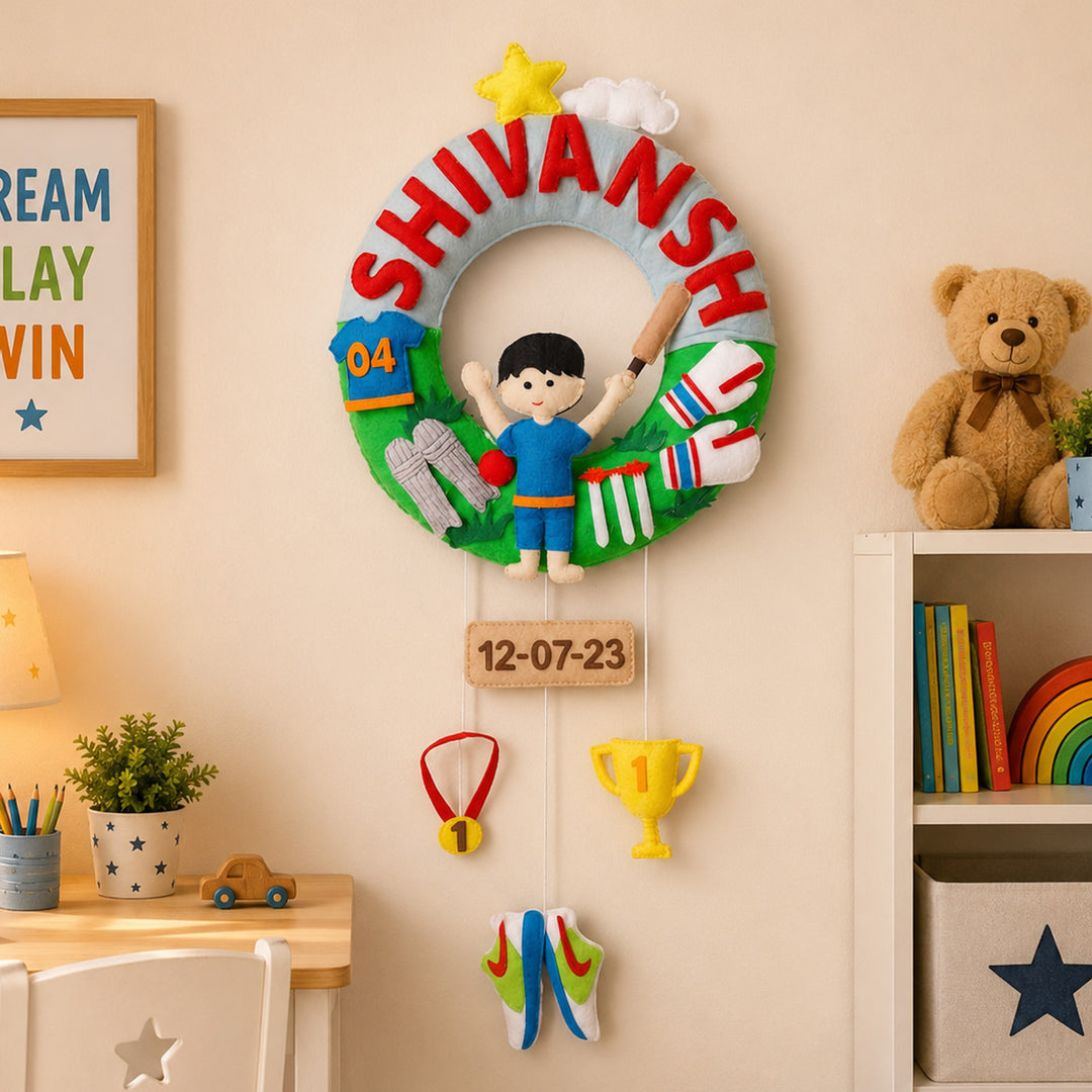 Personalised Cricket Star Kids Felt Name Plate
