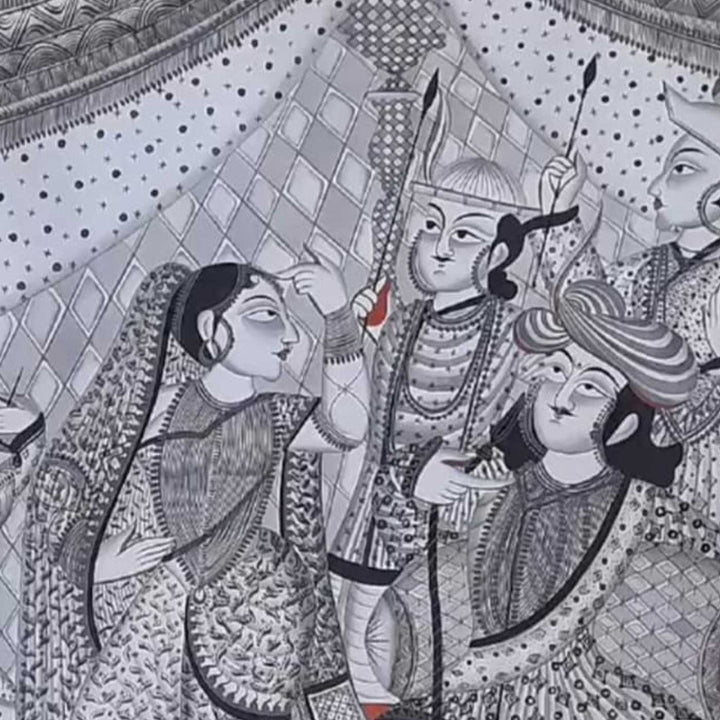 28 x 22 Inch | Royal Court Scene | Original Hand Painted Kalighat Painting | Natural Pigment On Paper