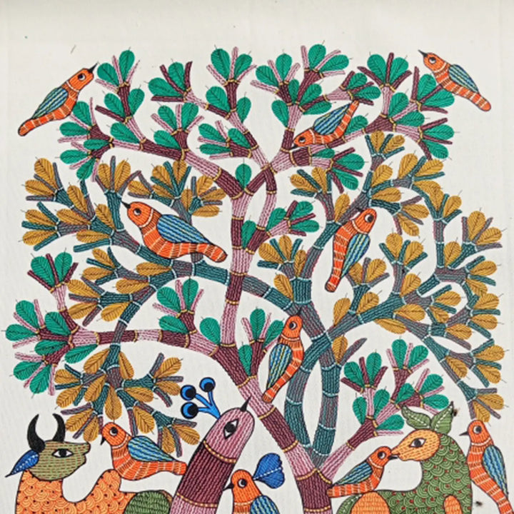 24 x 36 Inch | Tree of Coexistence | Original Hand Painted Tribal Gond Art Painting | Acrylic Paint On Canvas