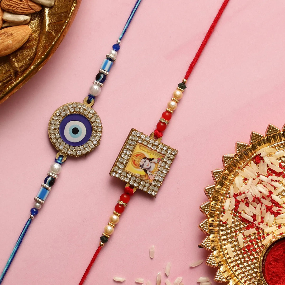 Handmade Shri Ram & Evil Eye Rakhi With Roli Chawal | Set Of 2