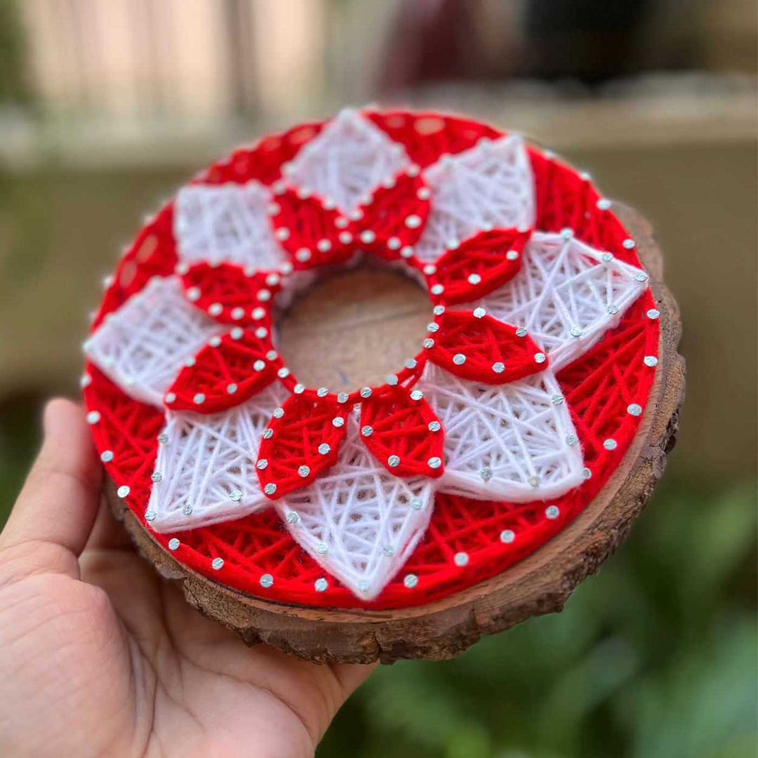 Handmade String Art Red And White Flower Design Mdf Wood Tealight Holder