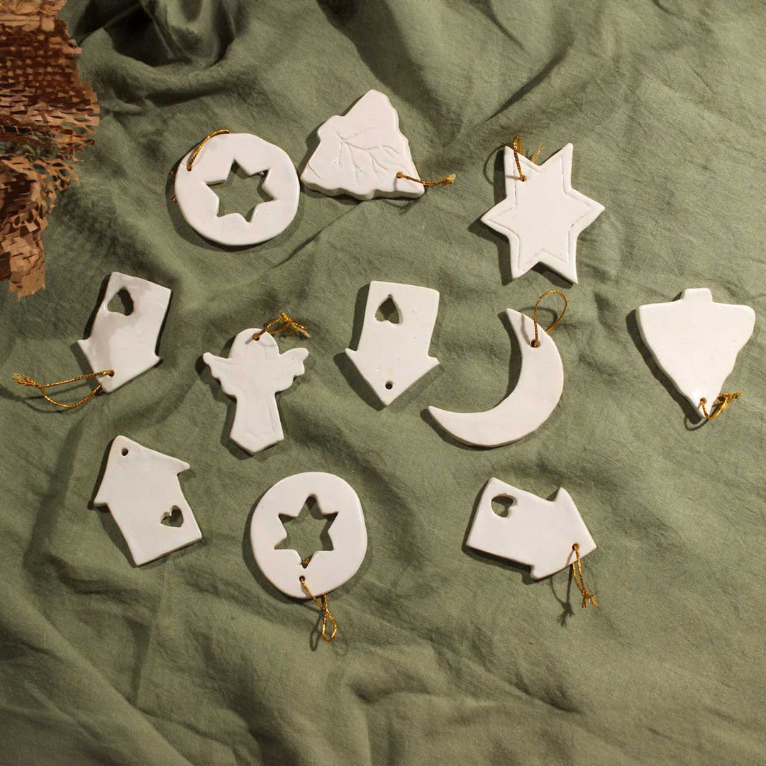Handmade White Ceramic Ornaments For Christmas Tree Decoration | Set Of 10