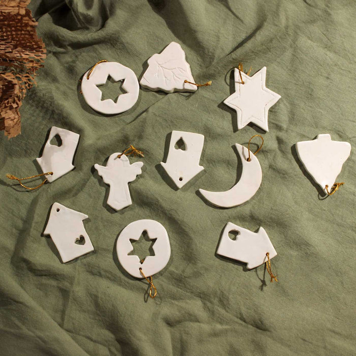 Handmade White Ceramic Ornaments For Christmas Tree Decoration | Set Of 10