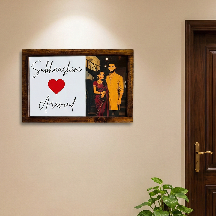 Couple Caricature Photo Personalized Resin Wooden Frame Name Plate