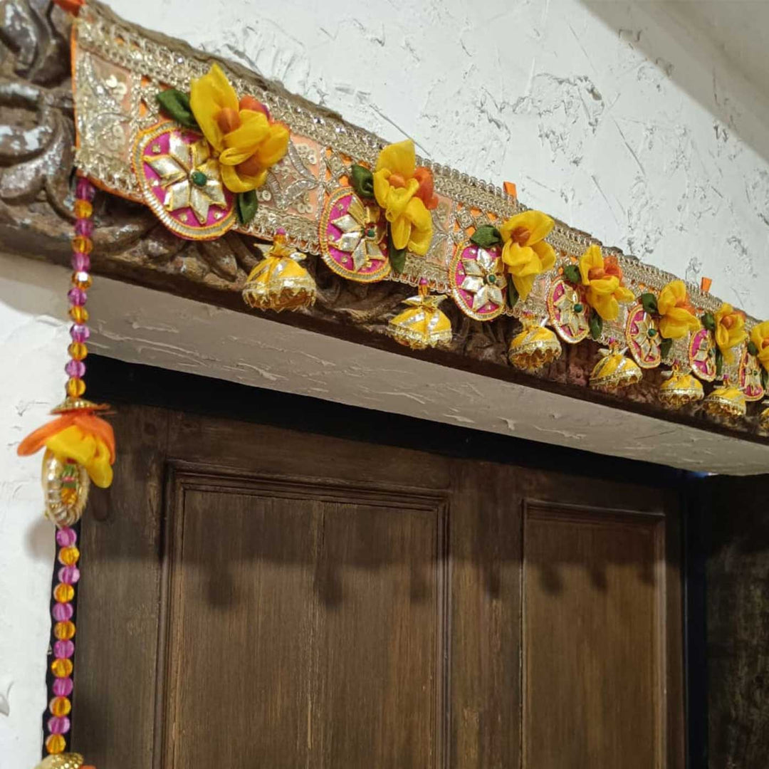 Handmade Kacchi Gota Patti Festive Banderwal Toran With Fabric Flowers & Jhumkis