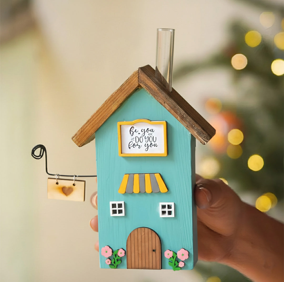 2 pc | Yellow & Blue Handcrafted Miniature Wooden House Planter/Pen Holder