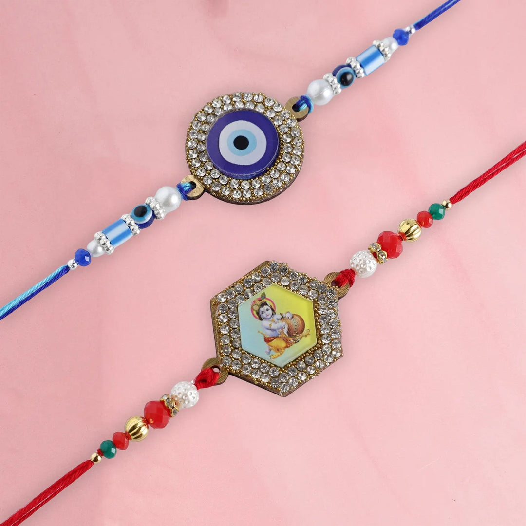 Handmade Krishna & Evil Eye Rakhi With Roli Chawal | Set Of 2