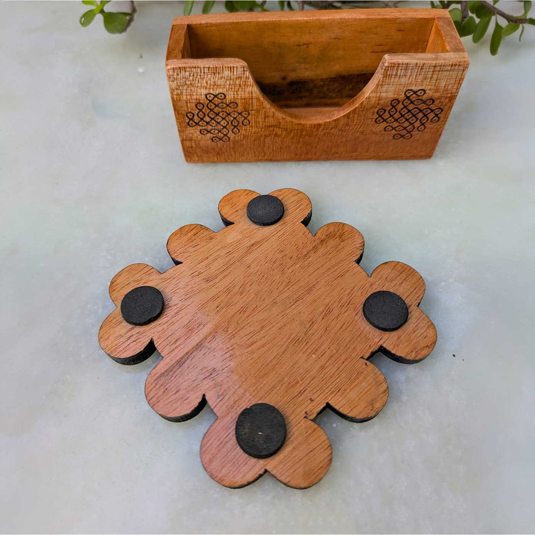 2 pc | Engraved Mahogany Wood Floral Kolam Coasters With Holder For Coffee Table & Dining Decor