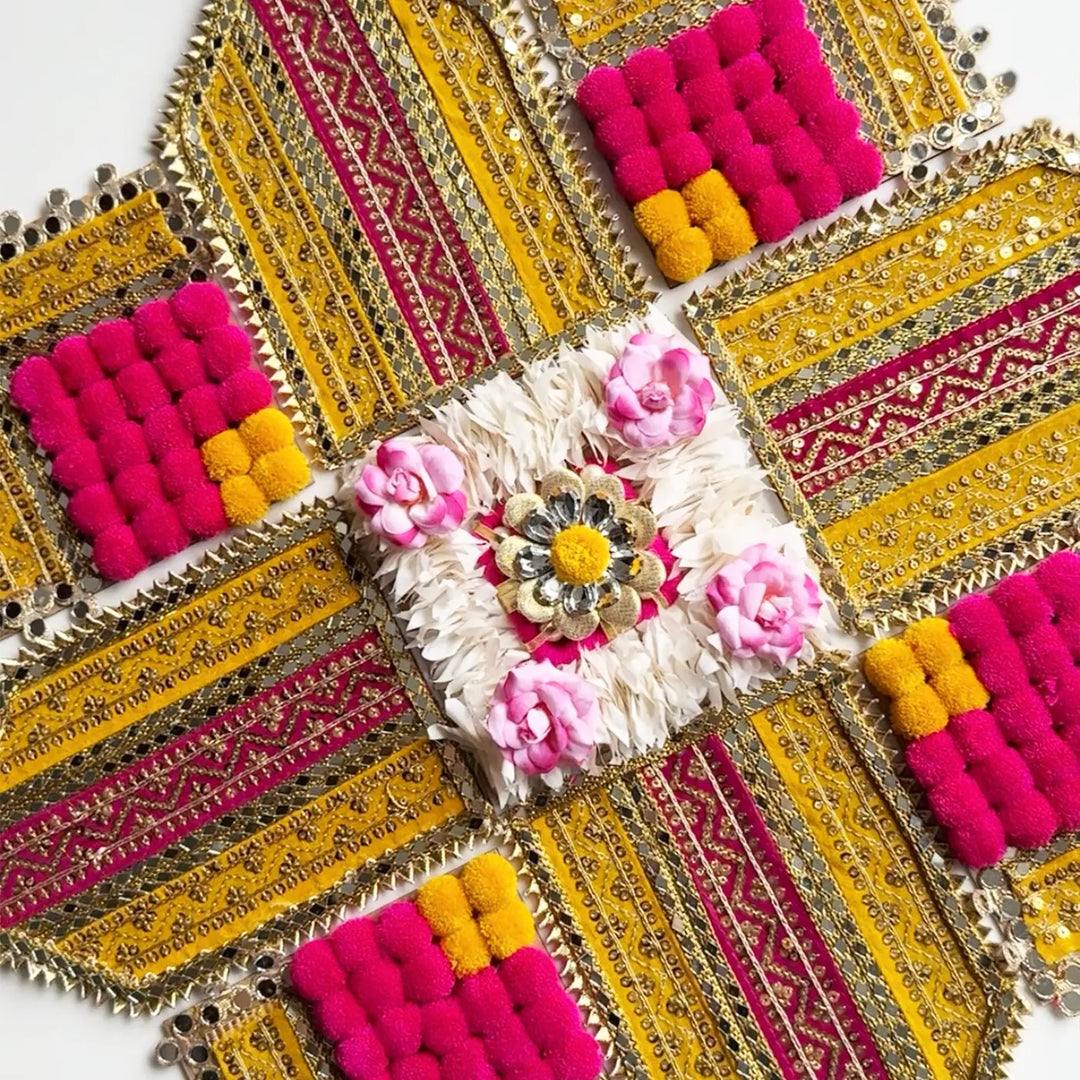 Reusable Embroidered Pink & Yellow Rangoli | Set Of 9