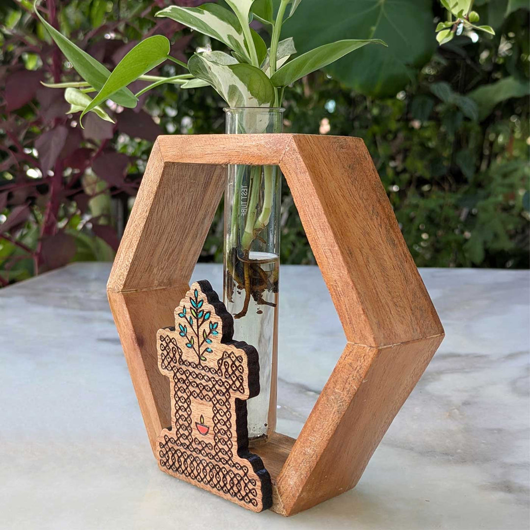 Hand-Painted Tulasi Maadam Wooden Hexagon Test Tube Planter For Home Decor
