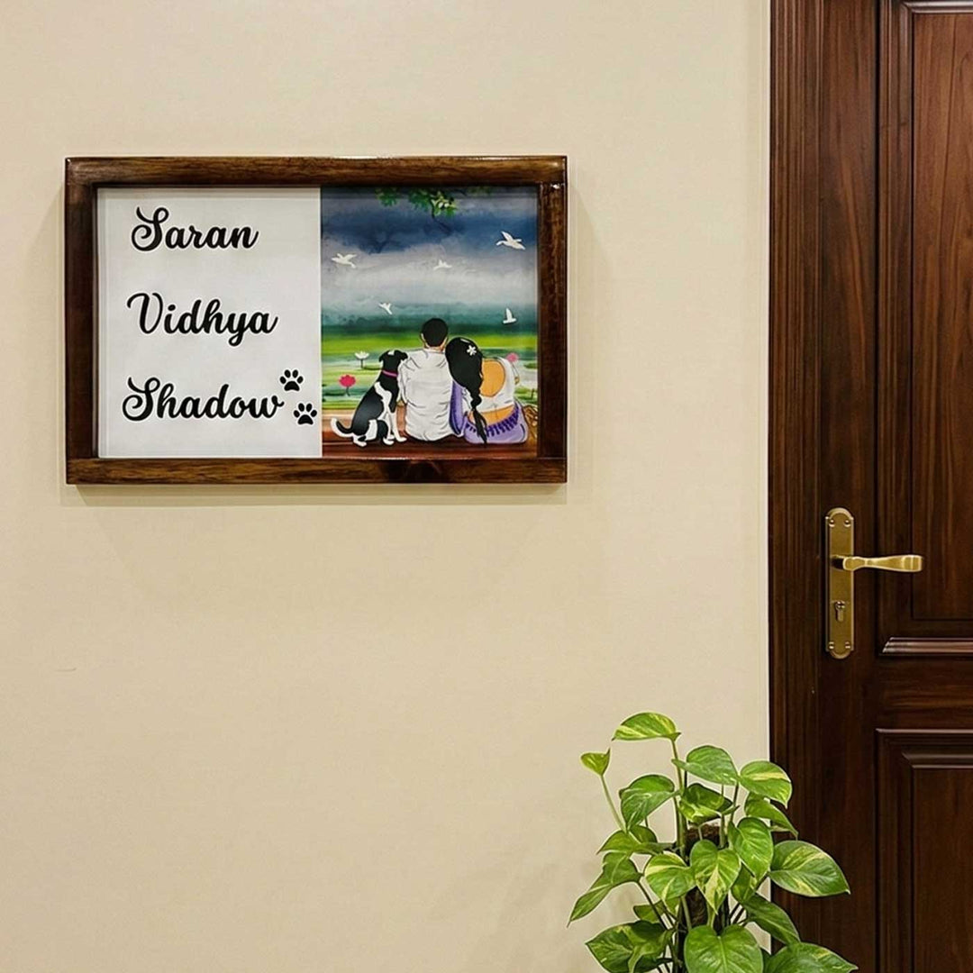 Couple With Pet Caricature Photo Personalized Resin Wooden Frame Name Plate
