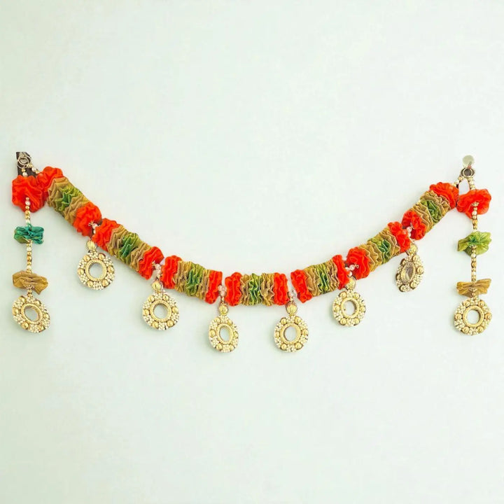 Handmade Orange & Green Tissue Flower Toran With Side Hangings