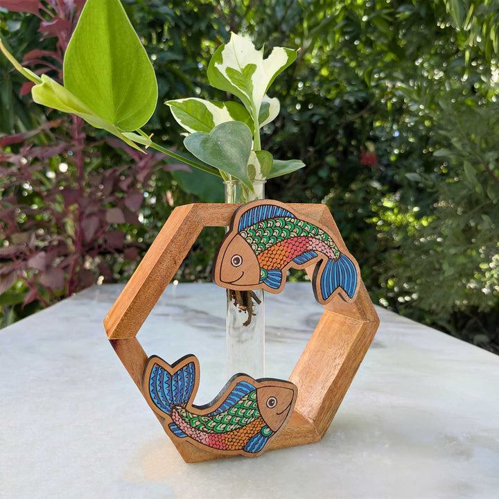 Hand-Painted Fish Wooden Hexagon Test Tube Planter For Home Decor