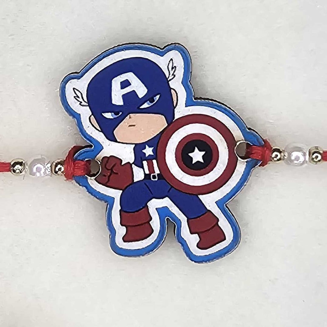 Handmade Avengers Captian America Mdf Wood Kids Rakhi With Roli Chawal - Close-up Front View